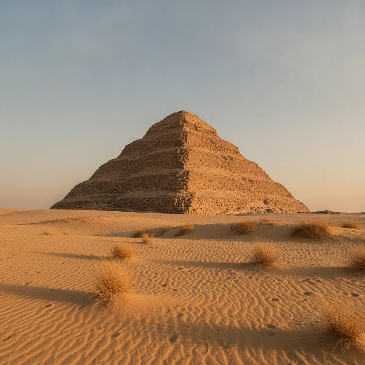 The Step Pyramid of Djoser at Saqqara rising against a clear blue sky with golden desert sand in the foreground.