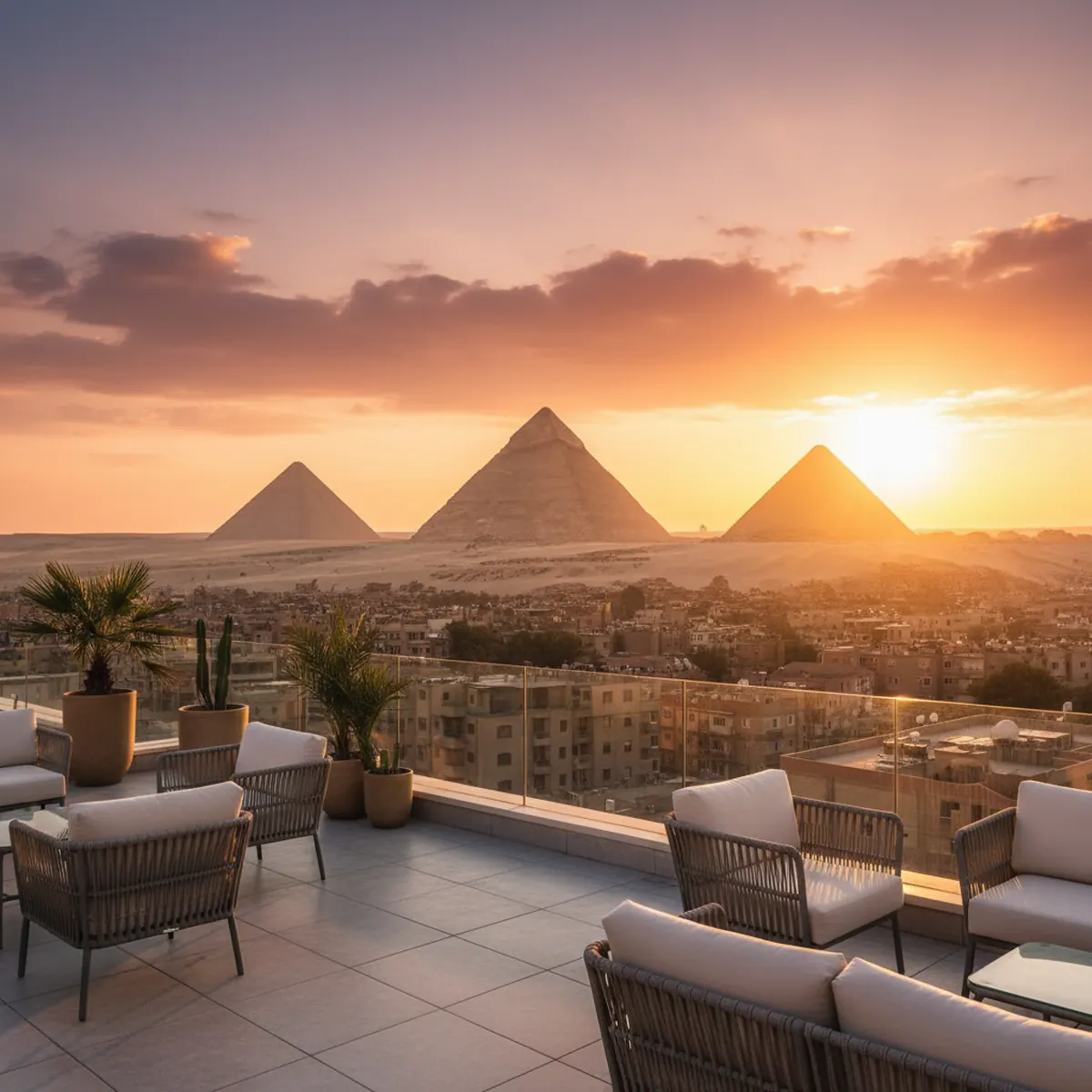 View of the Great Pyramids of Giza from a modern rooftop terrace with a warm sunset glow.