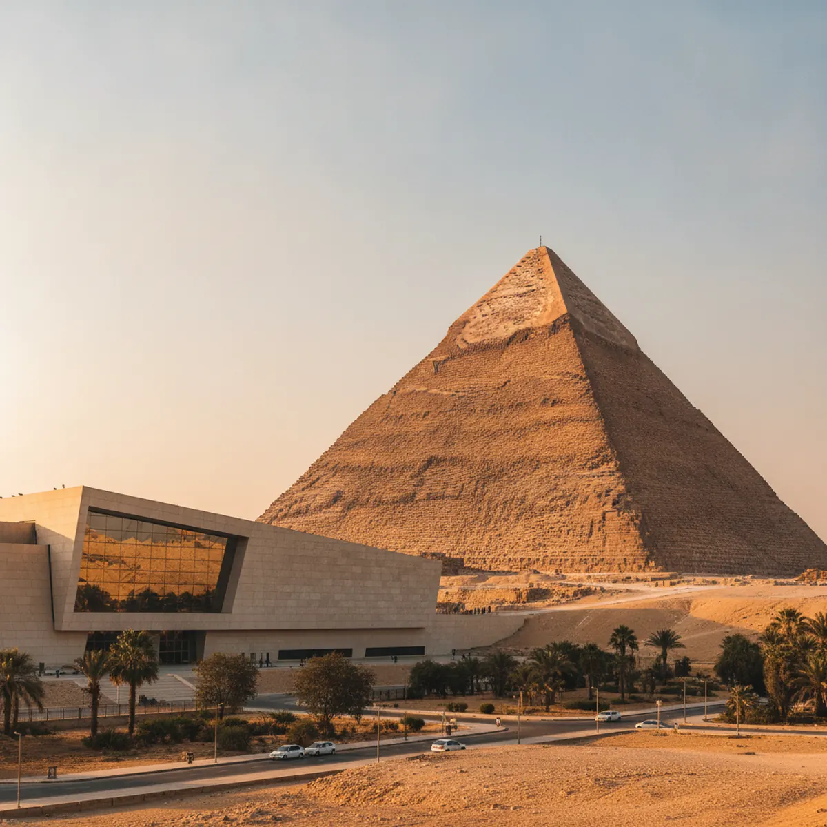 The Great Pyramid of Giza under a clear blue sky with the modern facade of the Grand Egyptian Museum visible nearby.