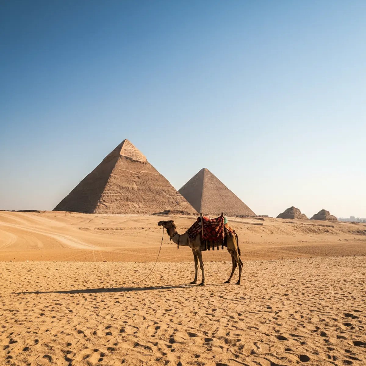 The Great Pyramids of Giza standing tall under a clear blue sky with a silhouetted camel in the foreground.