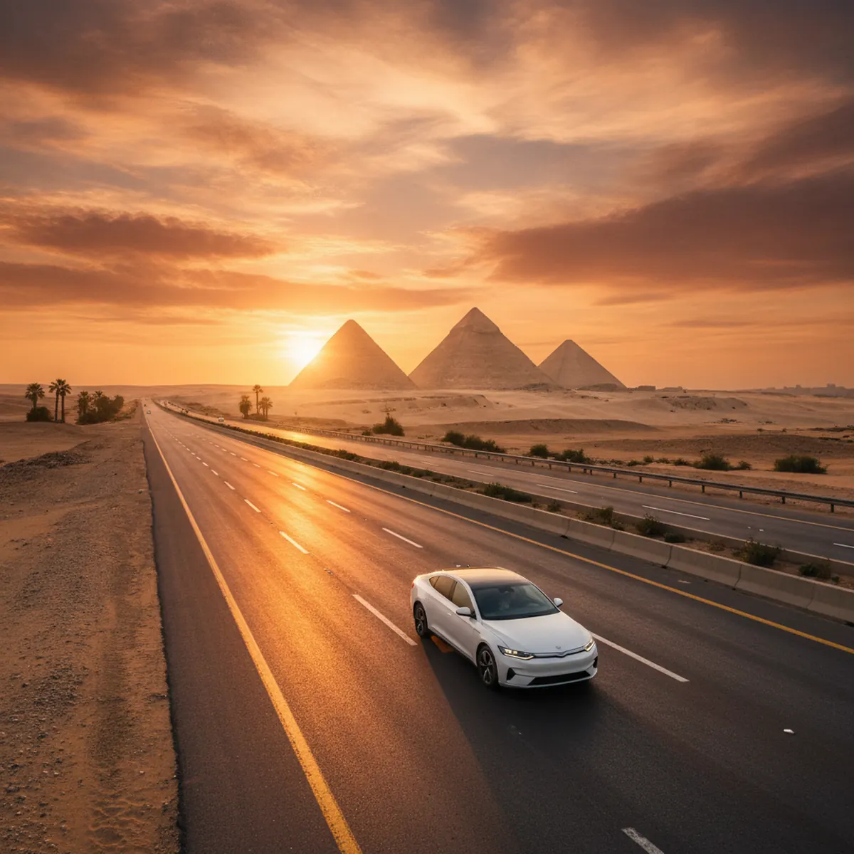 A white car driving on a modern Egyptian highway with the Giza Pyramids visible in the hazy distance.