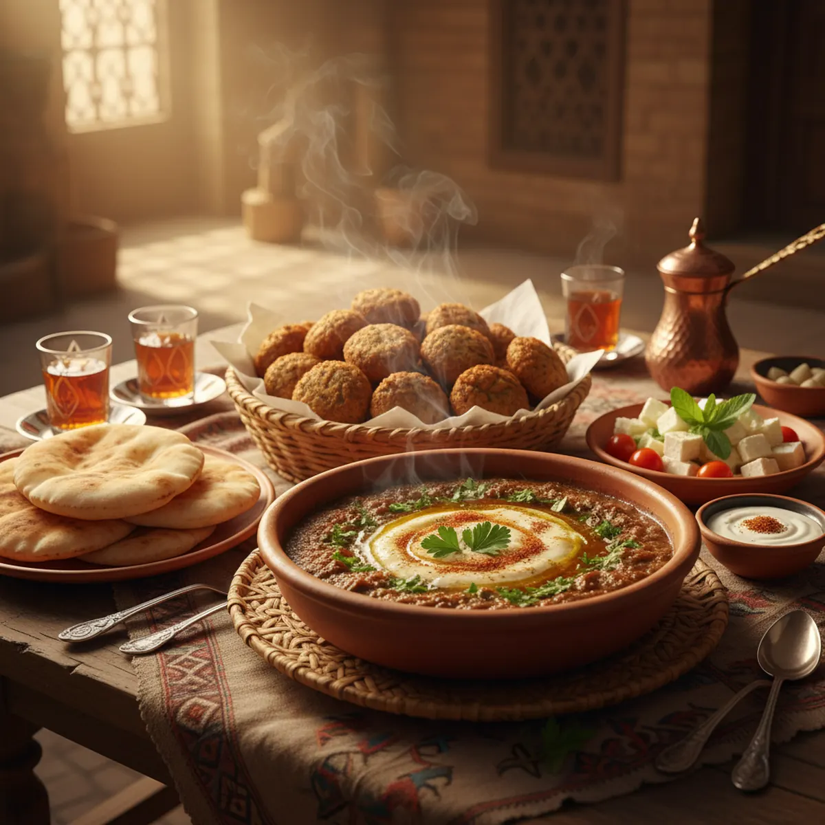 A traditional Egyptian breakfast spread with bowls of foul medames, fresh falafel, white cheese with tomatoes, and pita bread.