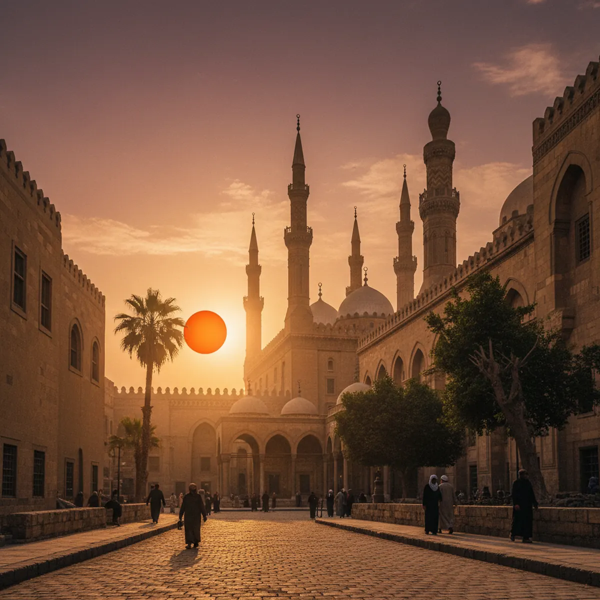 The sun setting behind the ornate minarets and limestone walls of a medieval mosque in Islamic Cairo.