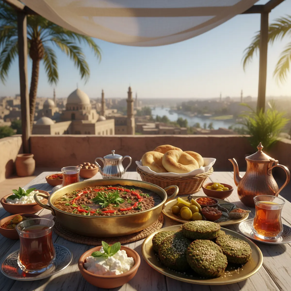 A traditional Egyptian breakfast spread with foul medames, green falafel, and white cheese served on a sunny terrace.