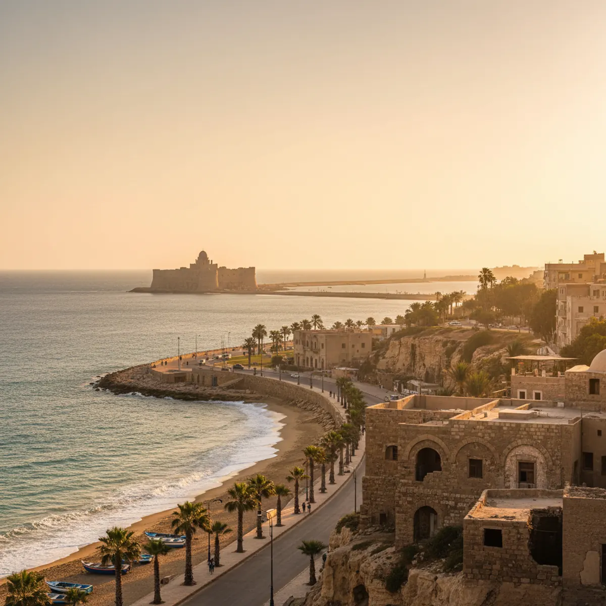 A scenic view of the Mediterranean coastline in Alexandria with the Citadel of Qaitbay in the distance.