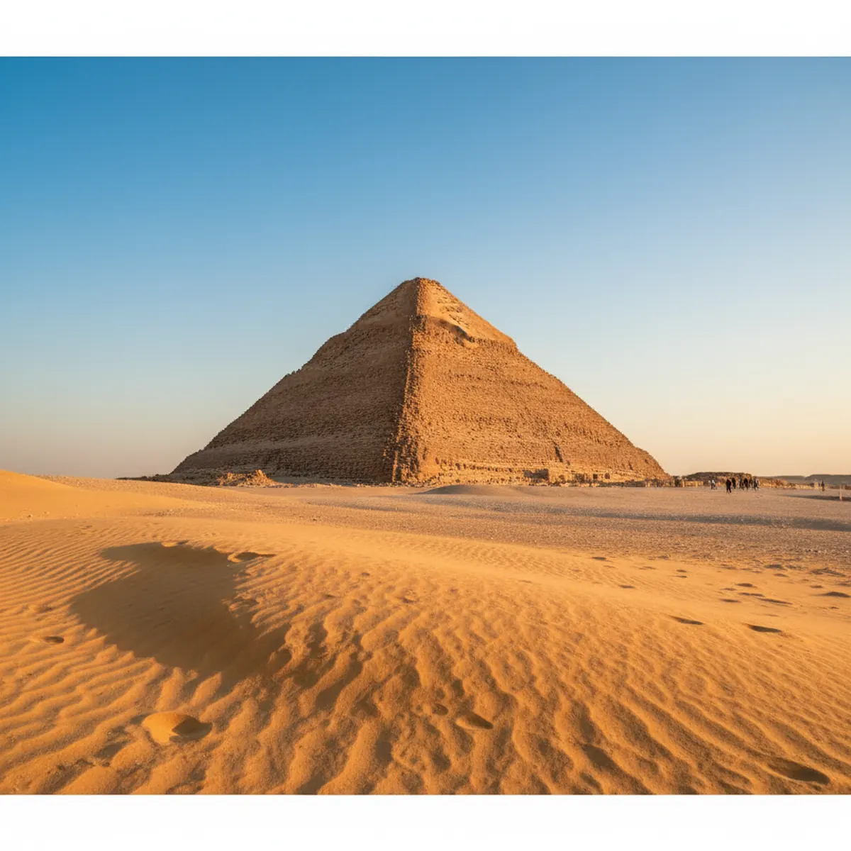 The Step Pyramid of Djoser at Saqqara under a clear blue sky with desert sands in the foreground.